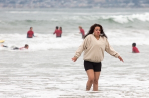 Most weren't as brave as Marcela Gomez, pictured here, and stayed out of the water.